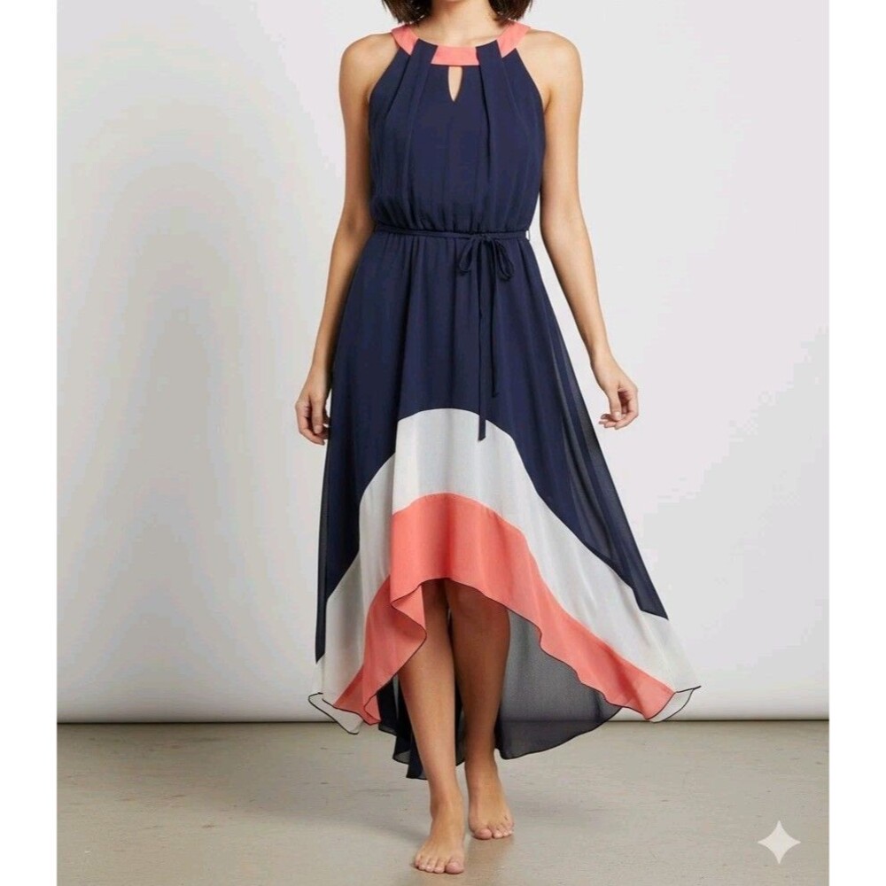 Enfocus Studio Colorblock Asymmetrical Maxi Dress Navy Blue Corral White Size 14